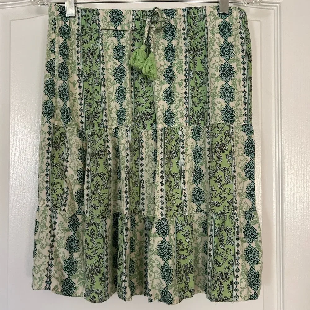 J. Jill Green Tiered Boho Mini Skirt Small Tassel Drawstring Boho Cottagecore
